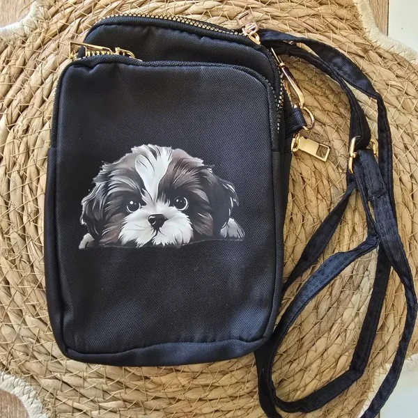 Mini sac bandoulière thème chiot avec poche pour téléphone